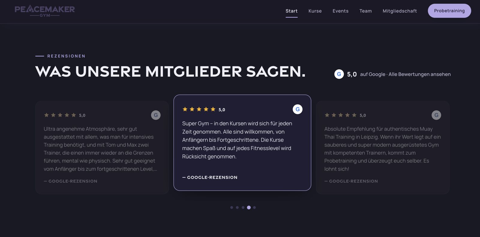 Rezensionen auf der Website des Peacemaker Gym